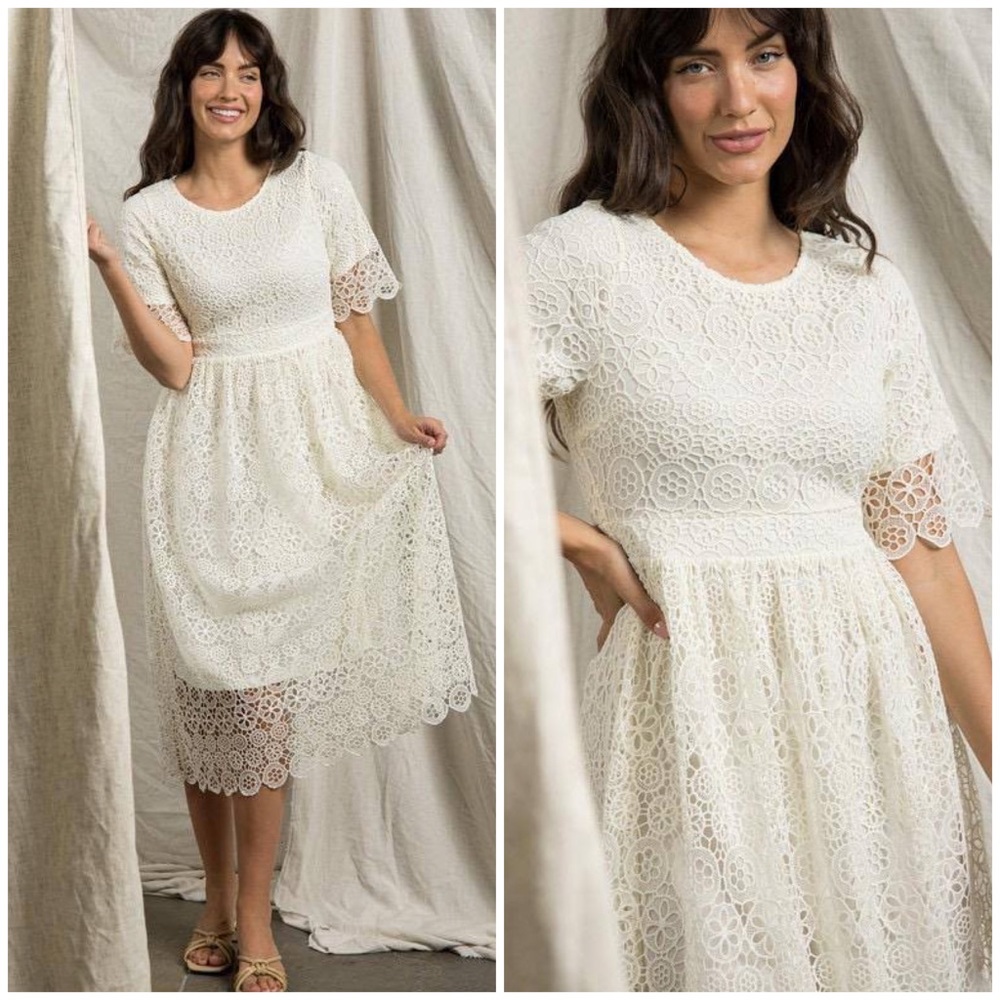 LAST 1❗️POLAGRAM White Embroidery Crochet Midi Dress - Picture 2 of 14
